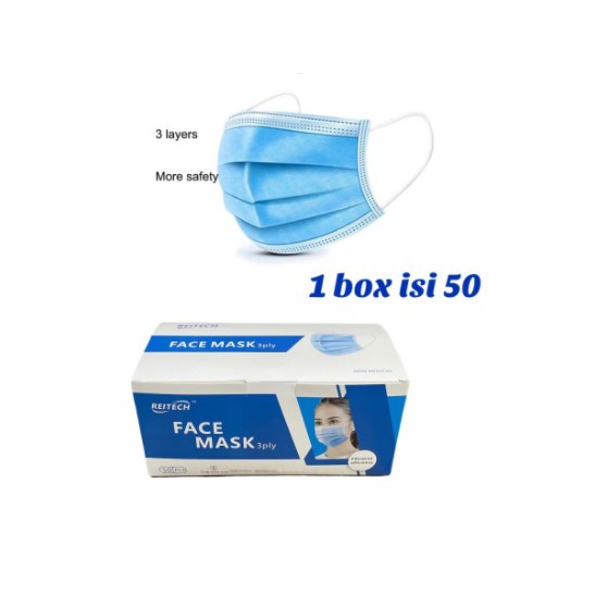 (COD) Masker Medical Reitech 3Ply Isi 50 Pcs / Masker REITECH 3 Ply Biru Disposable Face Mask