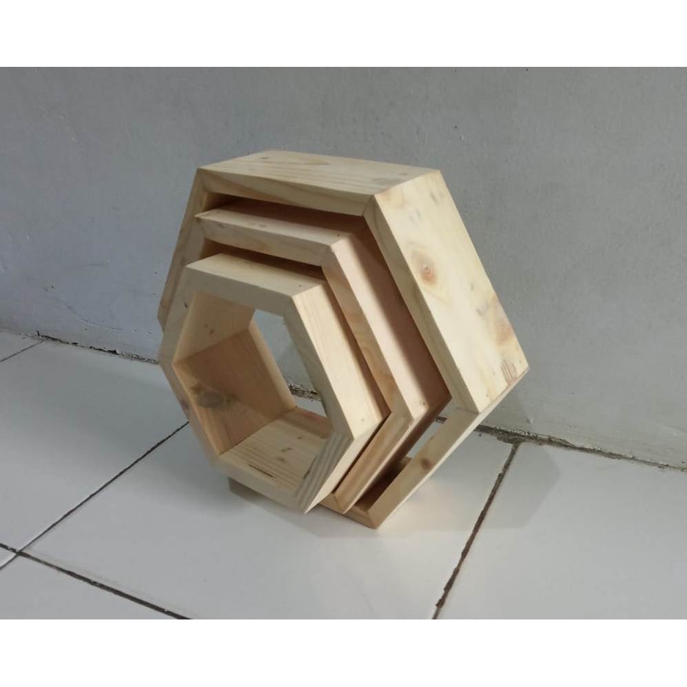 3 pcs Rak kayu hexagonal segi 6 nempel dinding