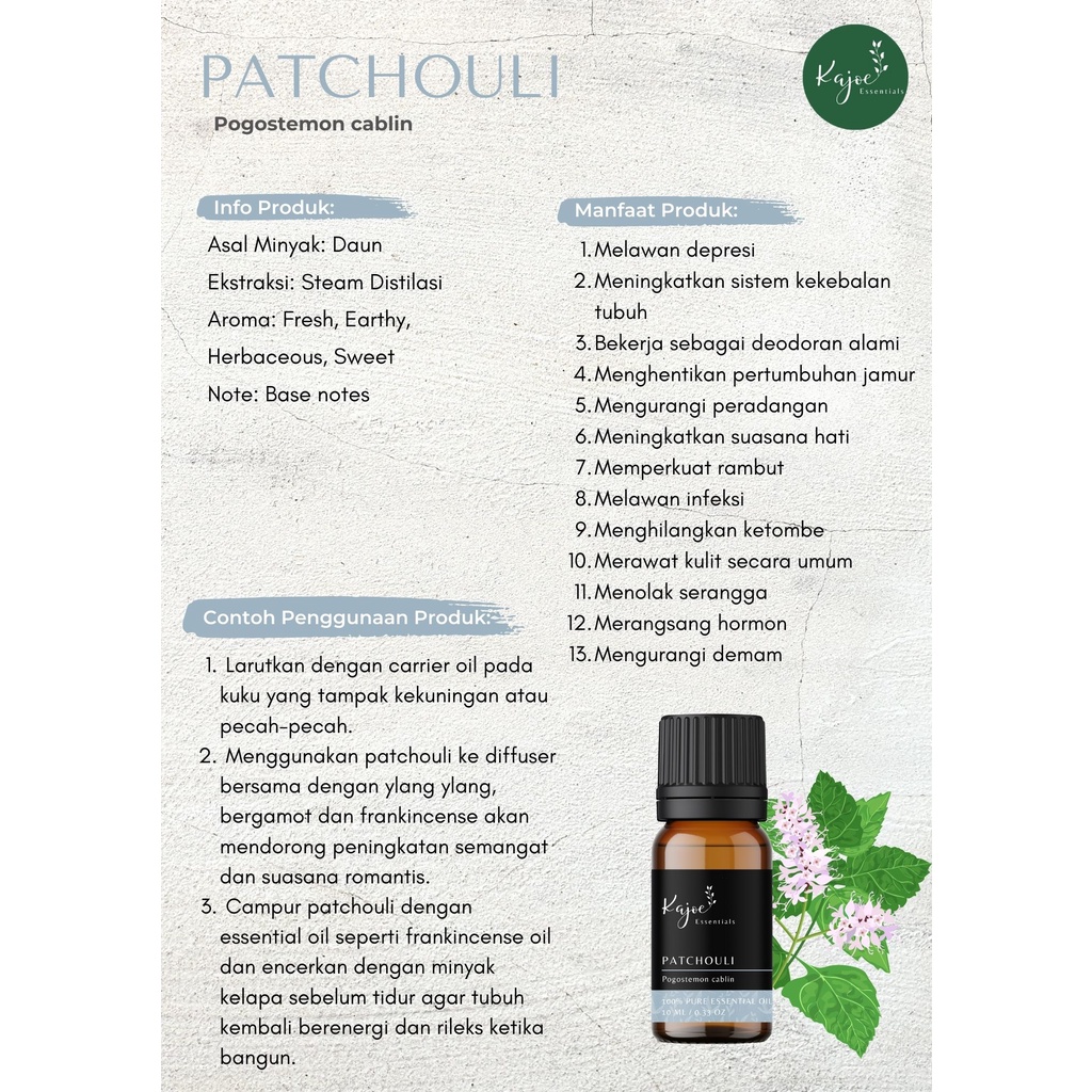 KAJOE Patchouli Essential Oil Diffuser Minyak Nilam Esensial Atsiri Aromaterapi Aromatheraphy