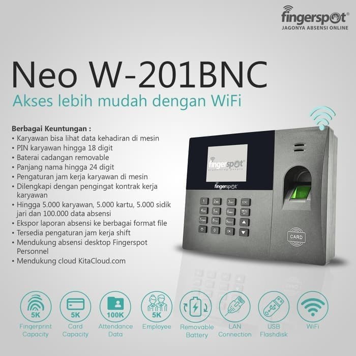 Mesin Absensi Fingerprint Fingerspot Neo W-201BNC (WIFI + Battery)