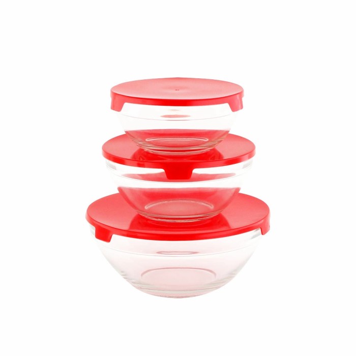 Mangkok Kaca - Kimglass Imperial Food Container Set Of 3 Pcs Red Mangkok Kaca Tutup