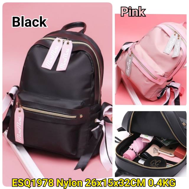 ESQ1978 Tas Batam Import Ransel Nylon Wanita Kantong Depan Ribbon Simple Tas Gendong Punggung