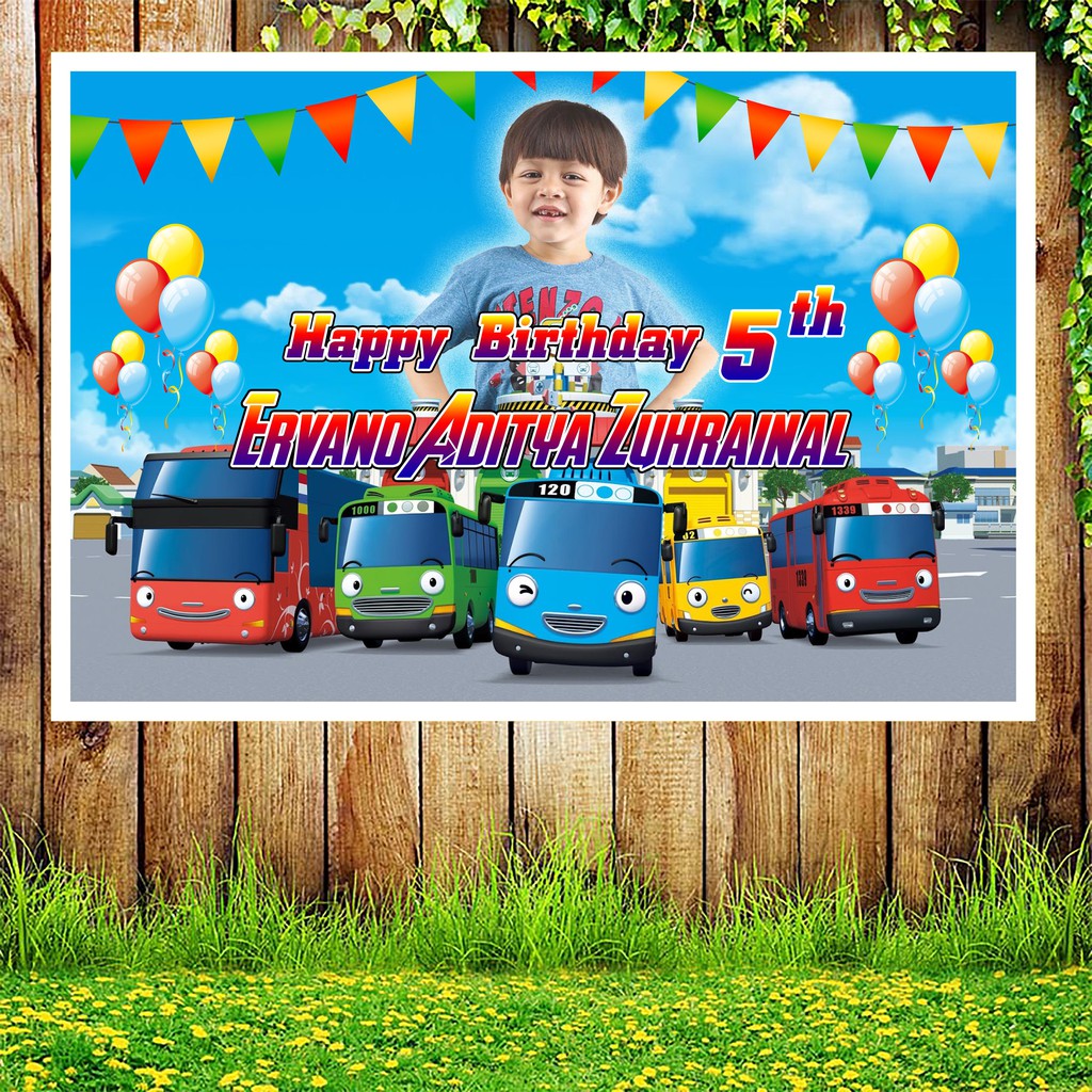 Banner Backdrop Ulang Tahun Anak Custom Gambar Tayo dan Gambar Anak ukuran 120x80 cm