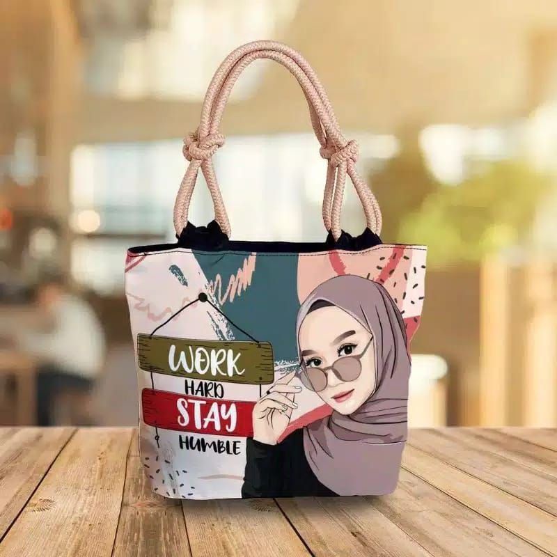 Totebag Kanvas tali sumbu tas wanita motif hijab