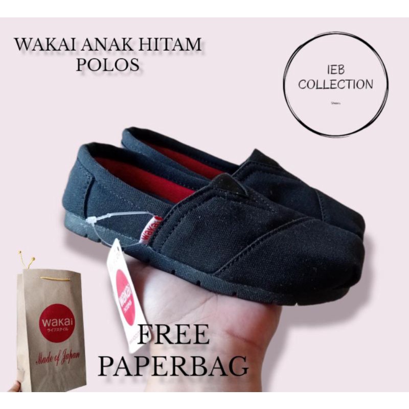 sepatu anak wakai slip on hitam unisex size 25-35 free paperbag