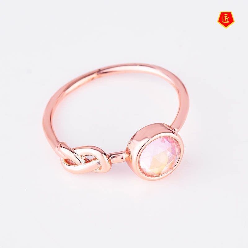 [Ready Stock]Creative Knotted Pink Crystal Moonstone Ring Female 18K Rose Gold