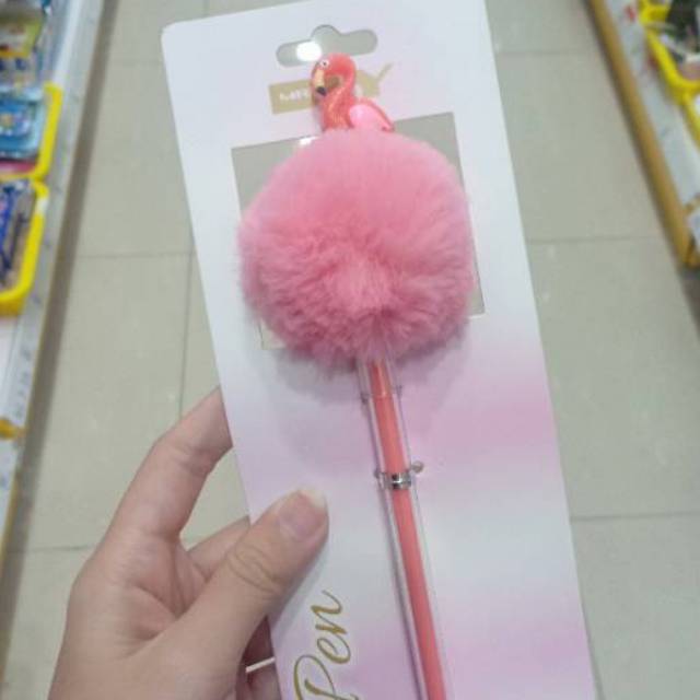 Pulpen pena bulu pom pom besar flamingo