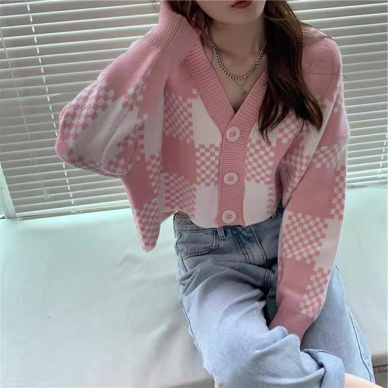 [ready stock] bluemy cardi | atasan rajut knit cardigan crop kotak kotak gaya korea aesthetic kekinian