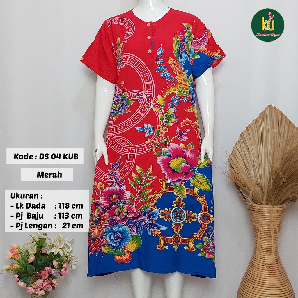 COD DS04 KUB | Daster Batik Kencana Ungu Asli Label Biru Uk. Jumbo LD 120 cm | Baju Santai Tidur Wanita Dewasa Kancing Depan Busui Friendly Motif Terbaru-Merah F