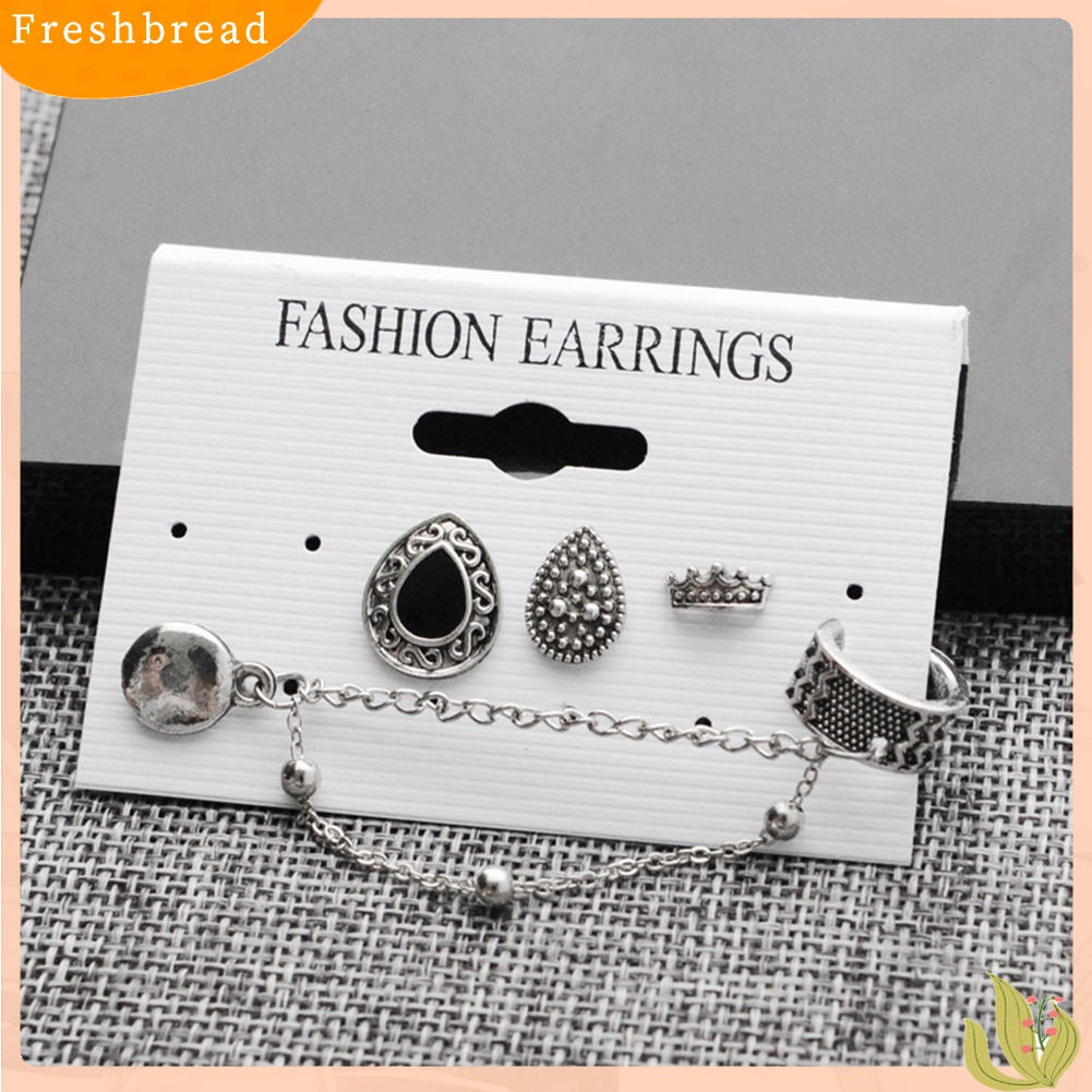 【Fresh】❀4 Pcs Boho Crown Teardrop Charms Ear Studs Earrings Lady Chain Clip Earring Set