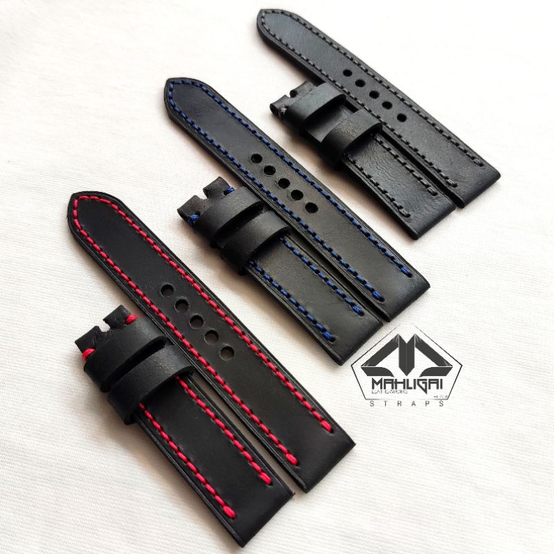 Tali jam tangan kulit / kulit asli premium / strap jam kulit hitam benang merah biru abu