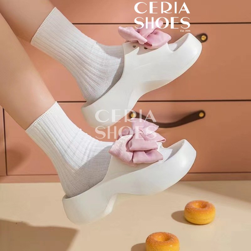 EVA Sandal Slop Platform Wanita Bangkok Bahan Spons Ringan Lentur Tinggi 5 Cm Motif Pita Ribbon Jibbitz Sol Rubber Import Anti Slip PITA