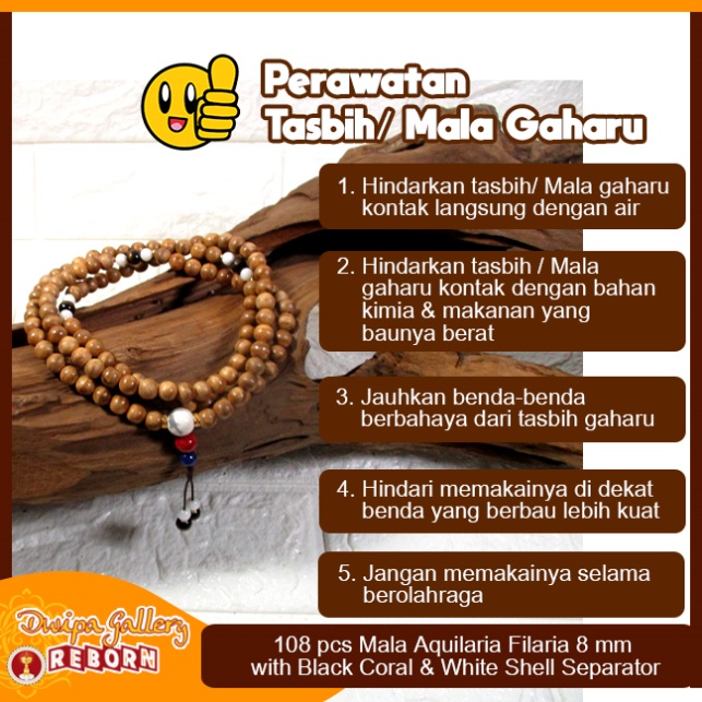 Tasbih / Mala Buddha 108 Kayu Gaharu Merauke 8 mm with Black Coral