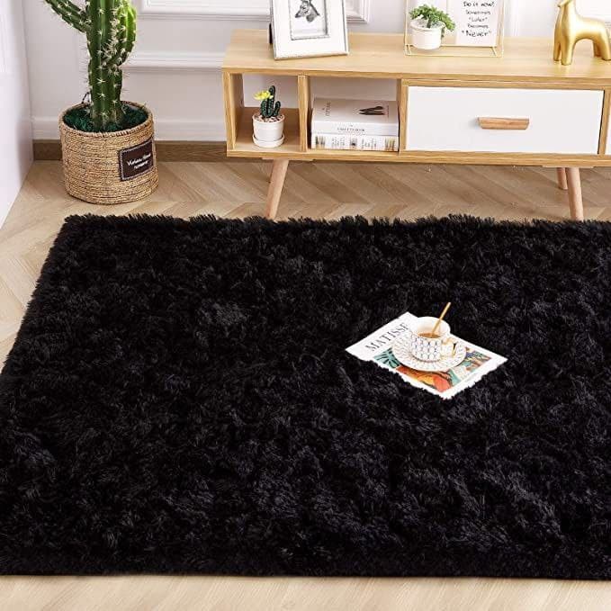 [DOUBLE SIZE] Karpet Bulu Tebal 7cm ukuran 150CMX200CM Karpet Lantai Bulu Rasfur Kasur kamar Tidur-hitam