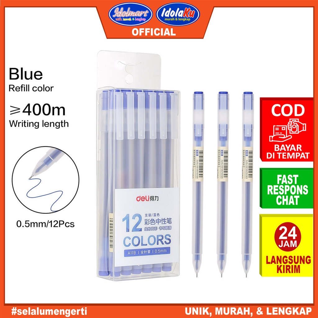 

IDOLMART Deli Pulpen Gel Pen A119 Biru / Tip 0.5mm Panjang Penulisan Hingga 400m /pcs Deli Bandung