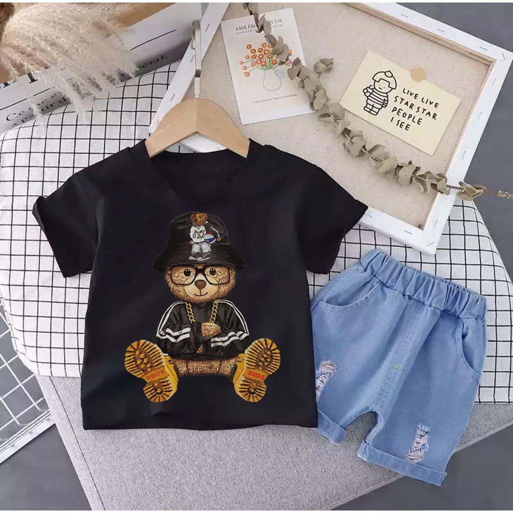 SETELAN ANAK SETELAN KAOS CELANA PENDEK DENIM UMUR 1-5 TAHUN