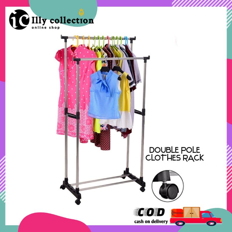 Stand Hanger Double Pole Gantungan Baju Dua tiang Dengan Roda