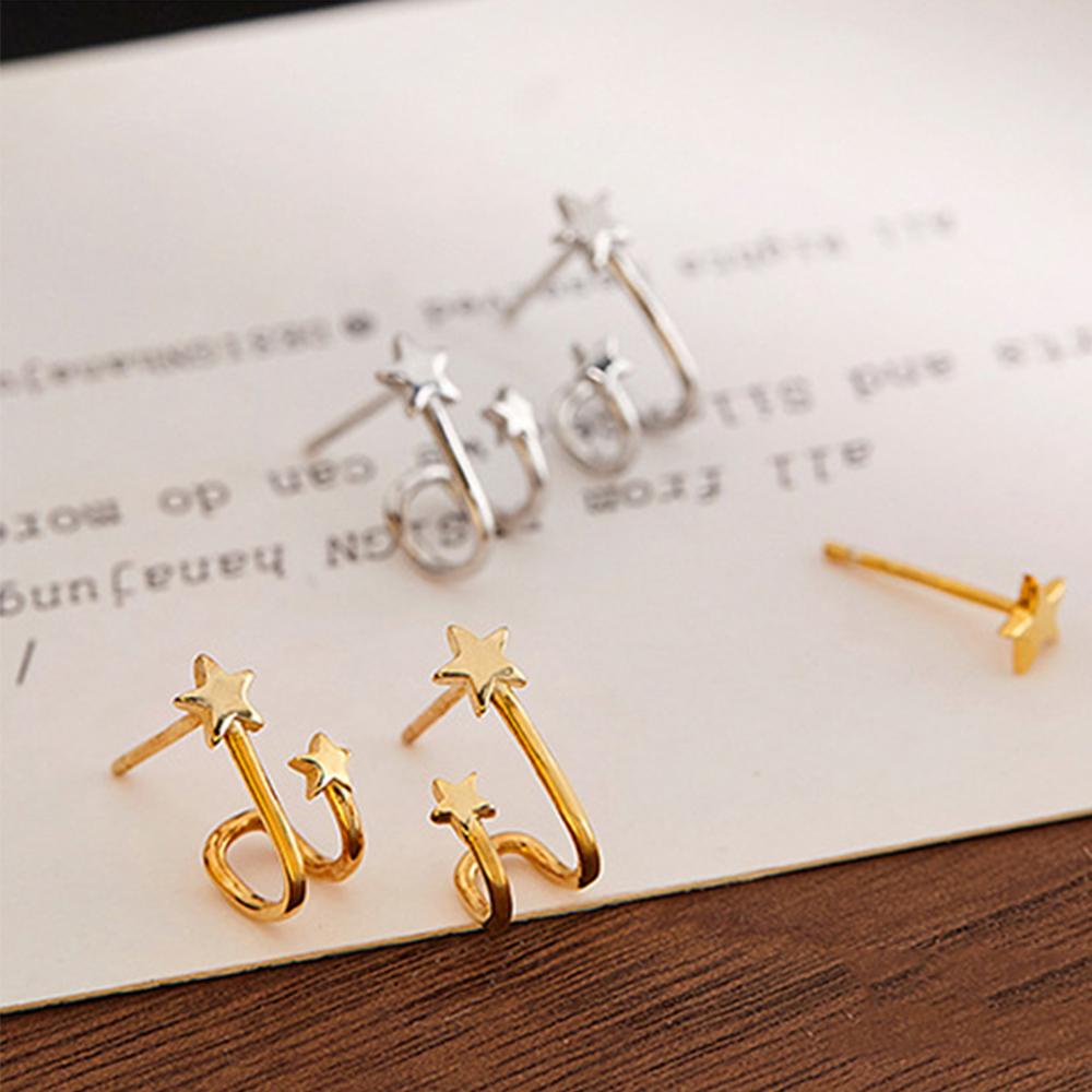 Needway   Stud Earrings Mewah Perempuan Double-layer Bintang Mini Lucu Sederhana Perhiasan Wanita