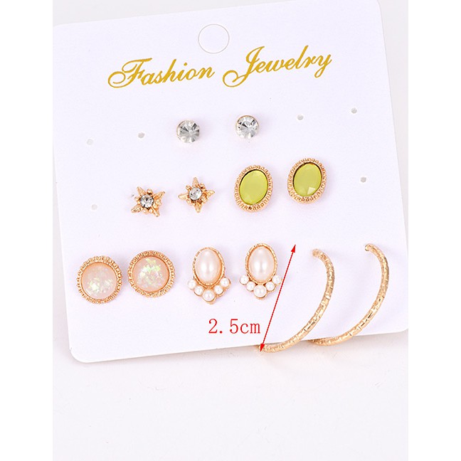 LRC Anting Set Fashion Gold Color Oval Shape Decorated Earrings(6pairs)