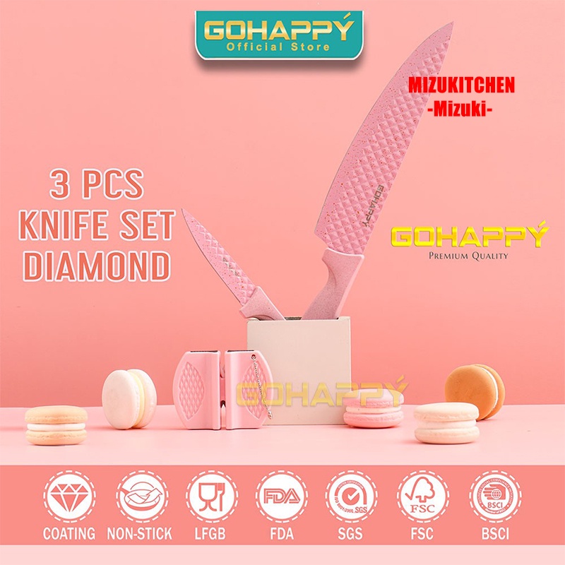 PISAU SET GOHAPPY DIAMOND SERIES 3 PCS GHX63 PINK Knives set kualitas bagus memuaskan