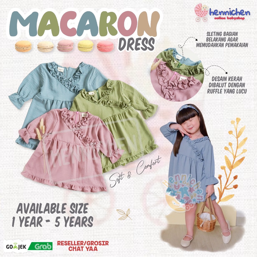 DRESS ANAK MACARON BY SABEEKIDS BAJU ANAK PAKAIAN PEREMPUAN DRESS LENGAN PANJANG 1 - 5 TAHUN