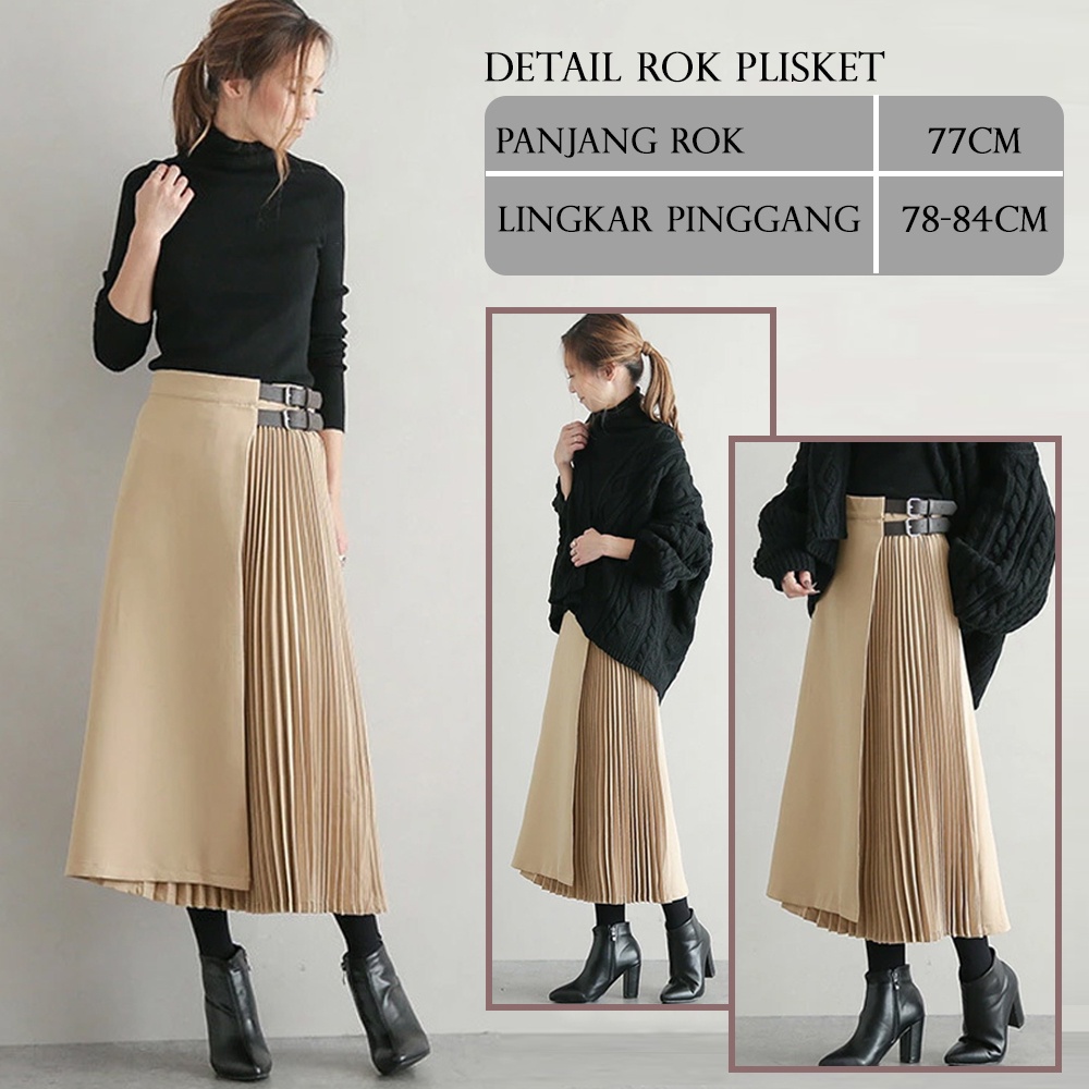 Rok Plisket Tutu Midi Wanita Import Motif Polos Kualitas Import Model Korea Jepang