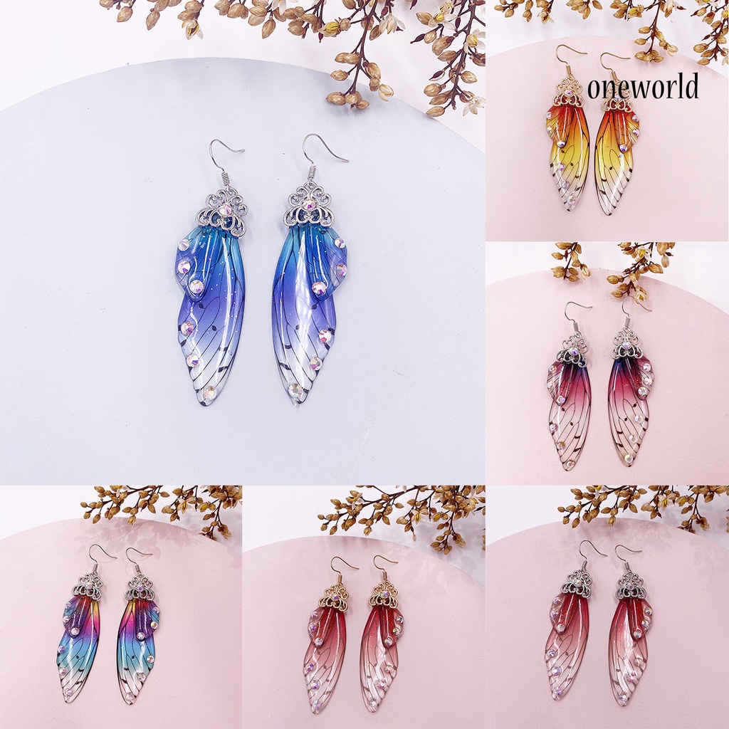 OW# Women Fashion Earrings Butterfly Wing Gradient Color Rhinestone Ear Hook Jewelry