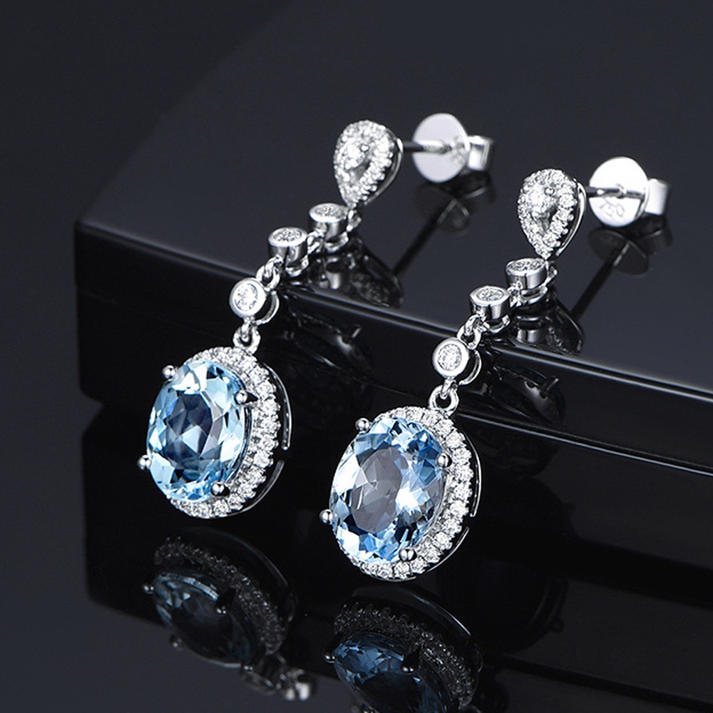 Anting Gantung Panjang Model Oval Dengan Topaz Biru Laut Untuk Wanita