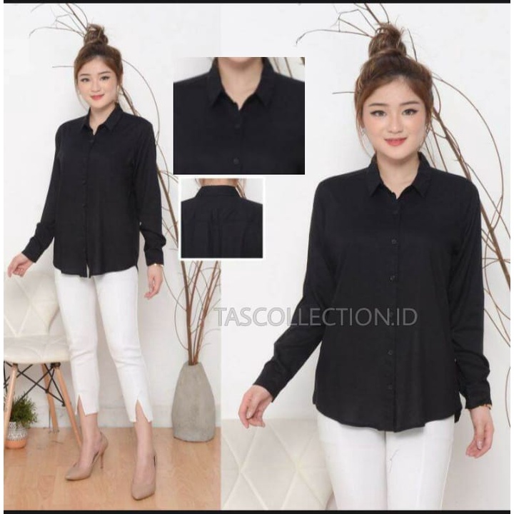 Kemeja wanita Basic lengan panjang bahan Moscrepe-HITAM