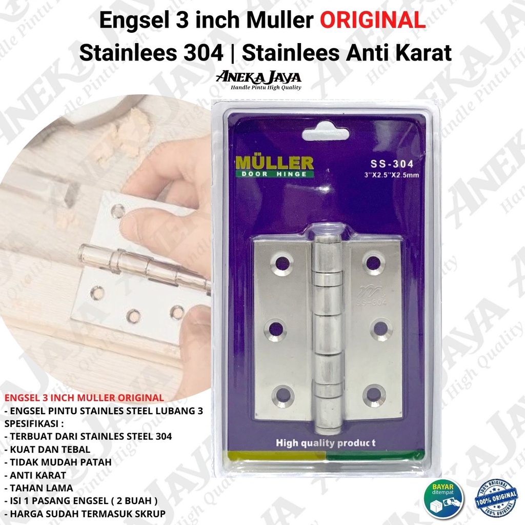 Engsel 3 inch Jendela Muller Stainlees 304 ORIGINAL /Engsel stainlees 304 tebal anti karat / Engsel Pintu Jendela rumah / Engsel Pintu Lubang 3