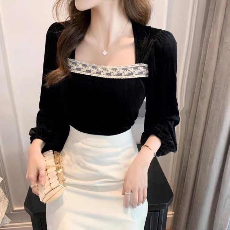 H7 B1378 Korean velvet top variasi brukat leher kotak / Atasan lengan panjang