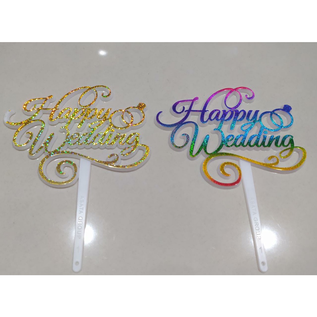 TOPPER HAPPY WEDDING GOLD DAN RAINBOW METALIK / PERLENGKAPAN PESTA AKSESORIES HIASAN KUE