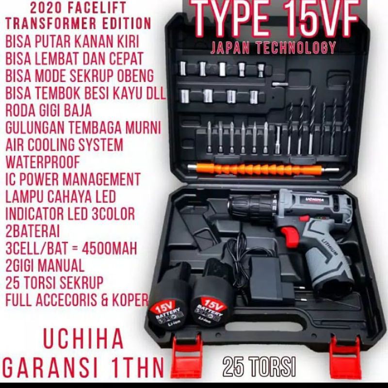 Mesin Bor Baterai Cordless Drill 15V Uchiha Japan Technology