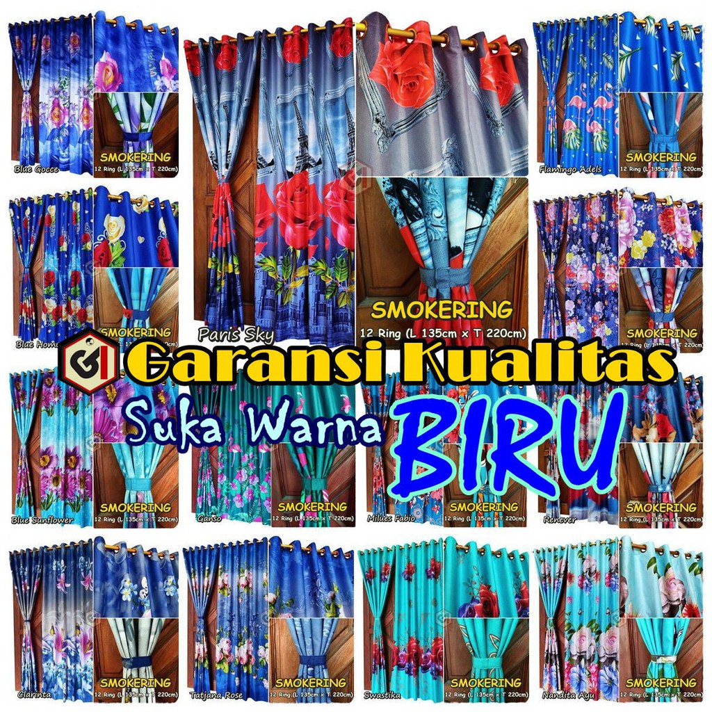 Gorden Warna Biru Bunga Model Smokring 12 Ring untuk Korden Pintu atau Hordeng Jendela Panjang