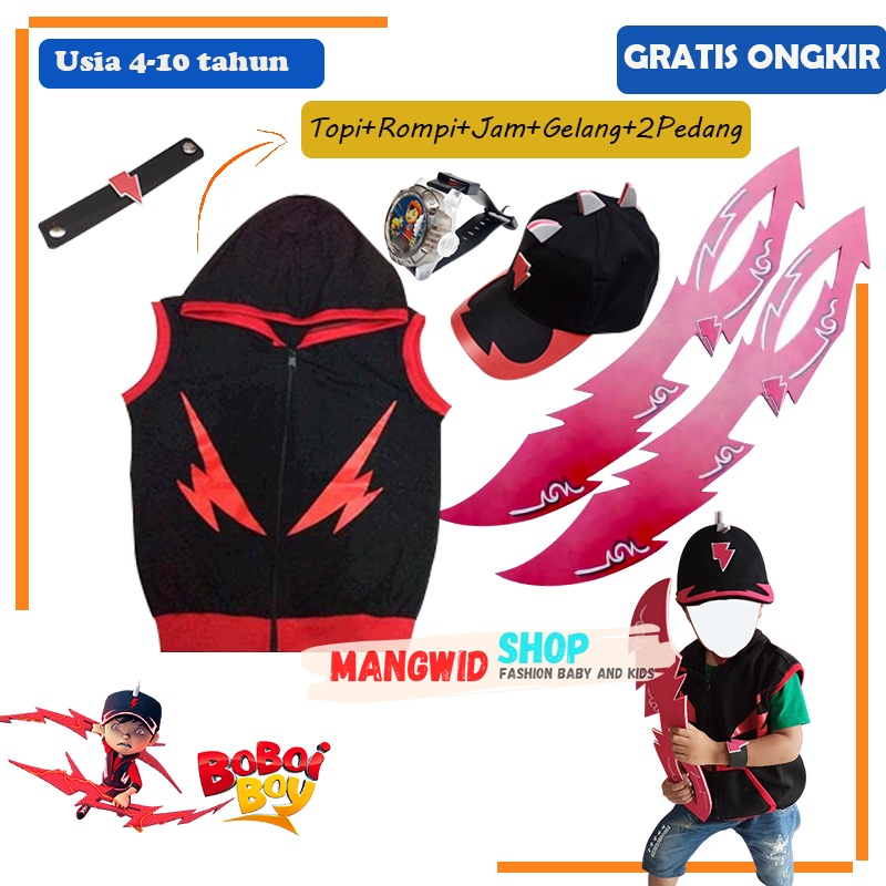 BAJU SETELAN KOSTUM JAKET ROMPI + TOPI + 2 PEDANG MAINAN + JAM TANGAN PROYEKTOR + GELANG BOY BOBOIBO