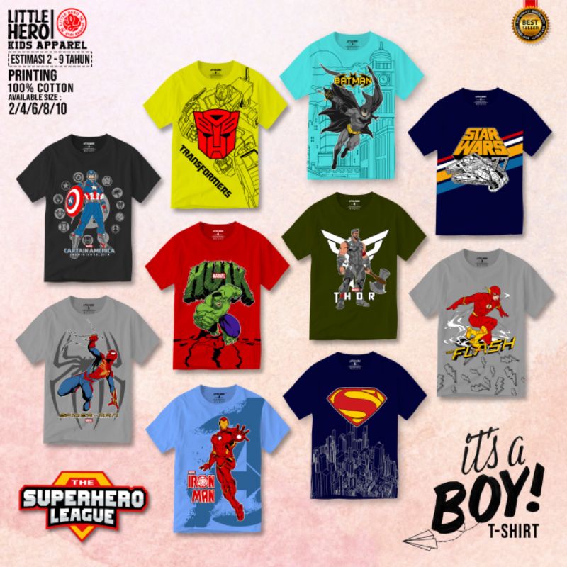 LINK Grosir Kaos Anak Superhero League By LITTLE HERO 2-9 Tahun