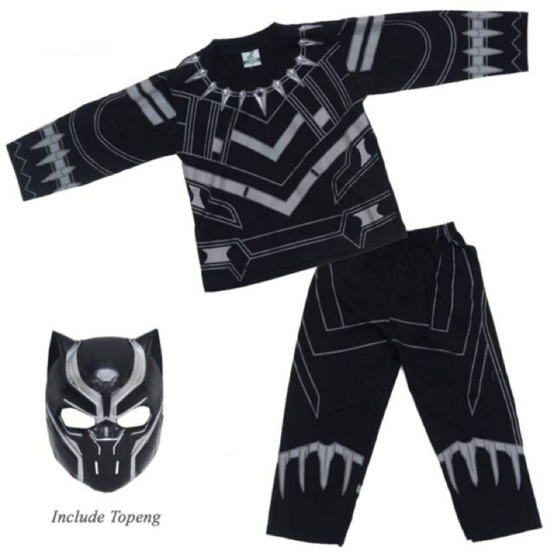 Setelan Anak Baju Anak KOSTUM SUPERHERO BLACK PANTHER Bonus Topeng 2-10 Th / Baju Black Panther