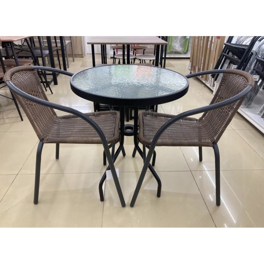 Kursi dan Meja Teras Taman 1 Set Bahan Besi & Rotan - Informa