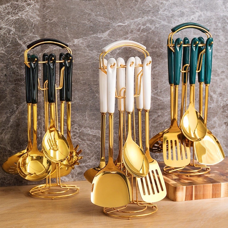 PERALATAN MASAK LENGKAP 6 SET IN 1 EMAS ELEGAN MEWAH/ SPATULA CENTONG SOUP LENGKAP DENGAN RACK