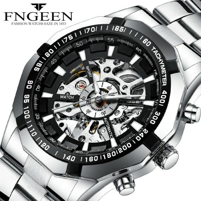 Jam tangan FNGEEN Automatic pria otomatis Sports mekanik skeleton Neo arloji Waterproof Casual watch