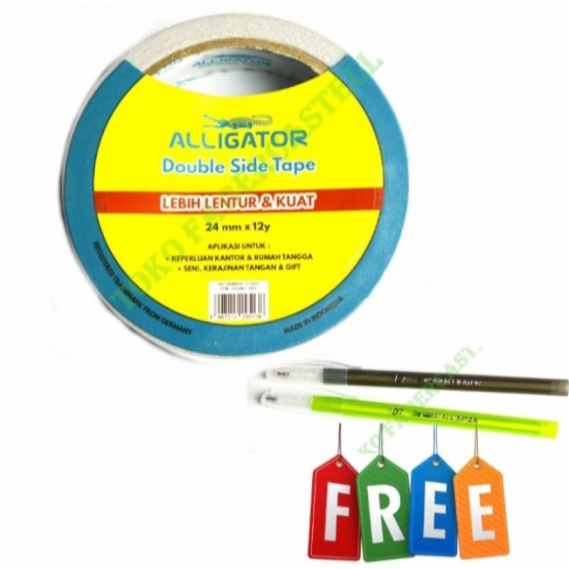 

Double Tape Besar Alligator 24mm x 12yard ( Promo Bonus Pulpen D7 Alligator 2 pcs )