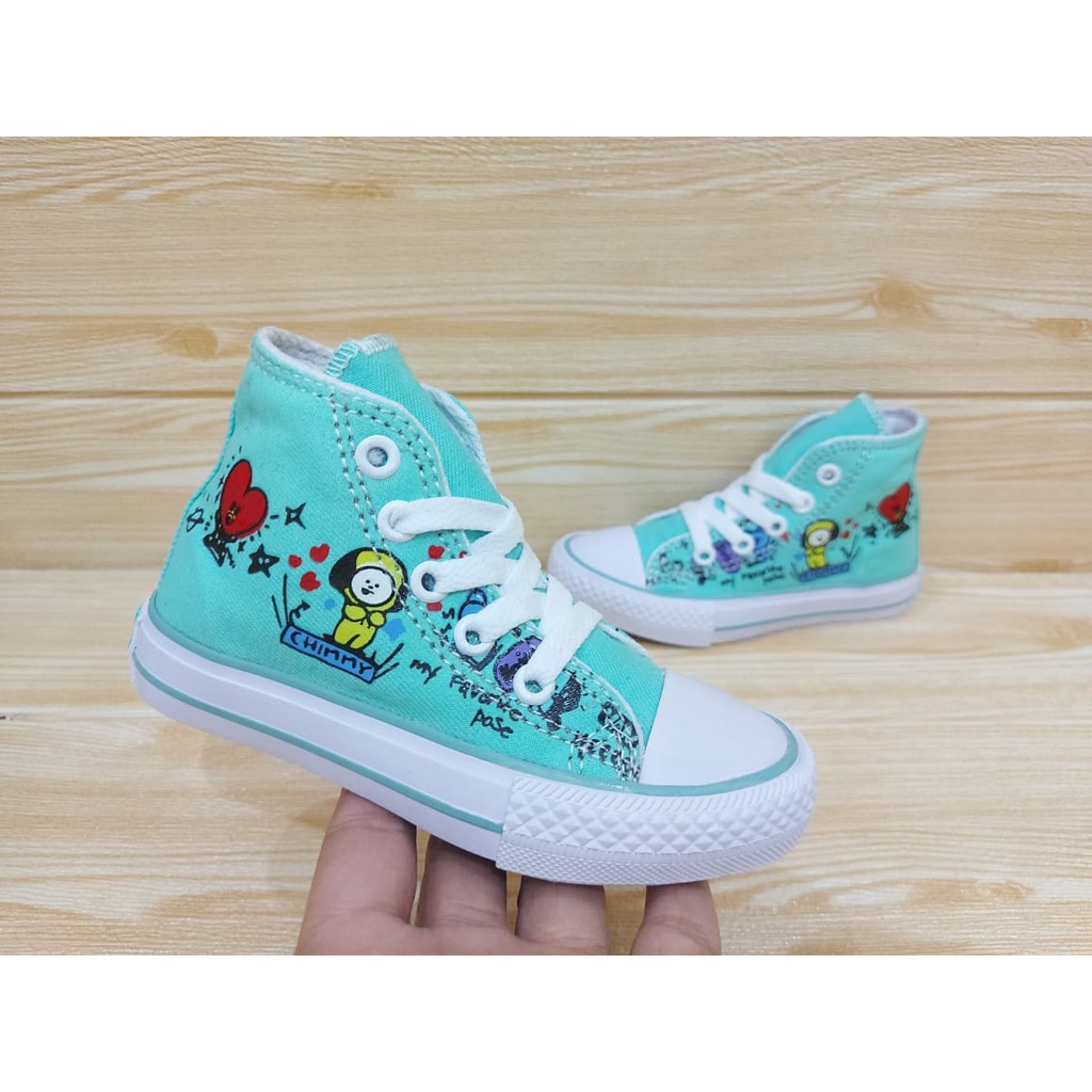 SEPATU SNEAKERS ANAK PEREMPUAN | SEPATUA ANAK PEREMPUAN | SEPATU ANAK USIA 1 2 3 4 5 6 7 | SEPATU ANAK KARAKTER BTS/BT21 WARNA HIJAU TOSCA SIZE 21-35