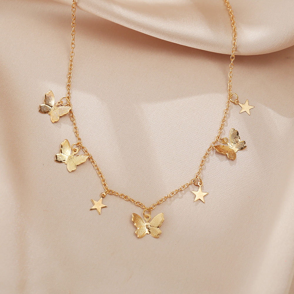 AY(CN) Kalung Rantai Choker Liontin Butterfly Star Warna Gold Silver Gaya Korea Untuk Wanita