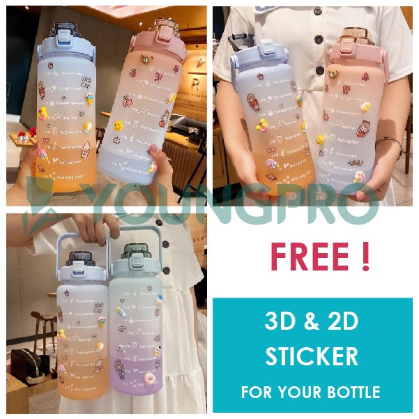 YOUNGPRO Botol Tempat Minum Motivasi Viral 2 Liter Botol Air Minum Plastik 2L Unik Murah Botol Minum Anak Cowok Cewek Dewasa BPA Free Sticker 3D 2D