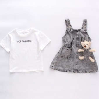 CG DR63 - FREE BONEKA Dress Overall 2in1 Set Kaos + Overall Jeans