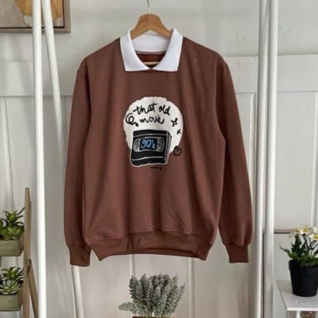 COD - Old Movie Sweater Combi Kerah Premium Fleece Tebal Outerwear Remaja Wanita Korean Style-5