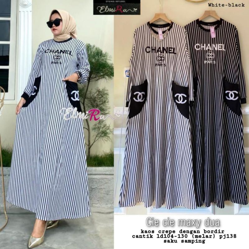cie cie maxy dua / dress chanel / gamis kaos motif garis garis