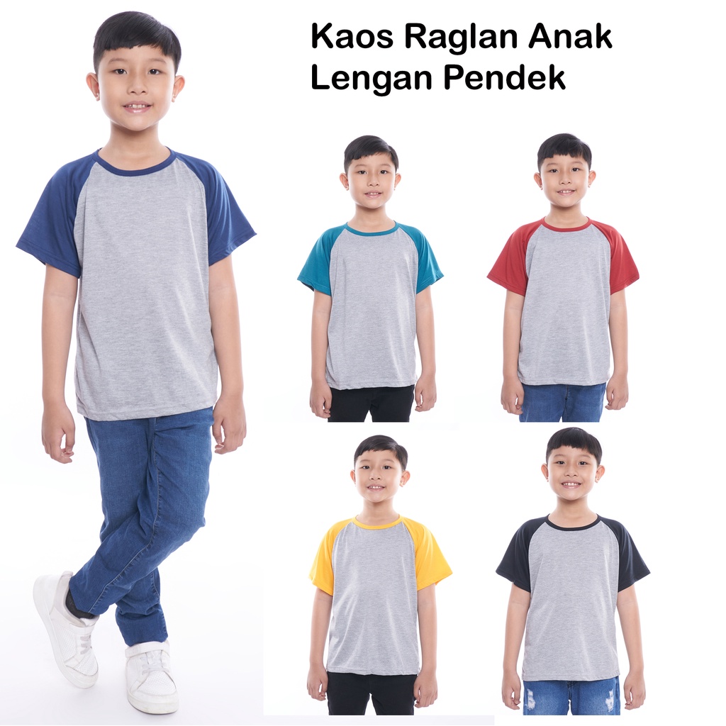 Kaos Raglan Anak | Polos | Lengan pendek | Ukuran 2-4-6-8 | Unisex Cewek Cowok