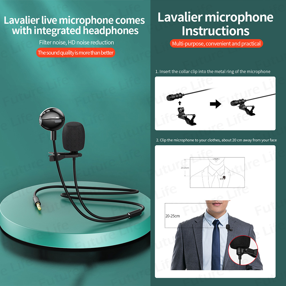 Mini Microphone Condenser 3.5mm Hands-free Clip on Lapel Lavalier Mic Wired for Phone Laptop Audio Mikrofon with Monitor Earphone