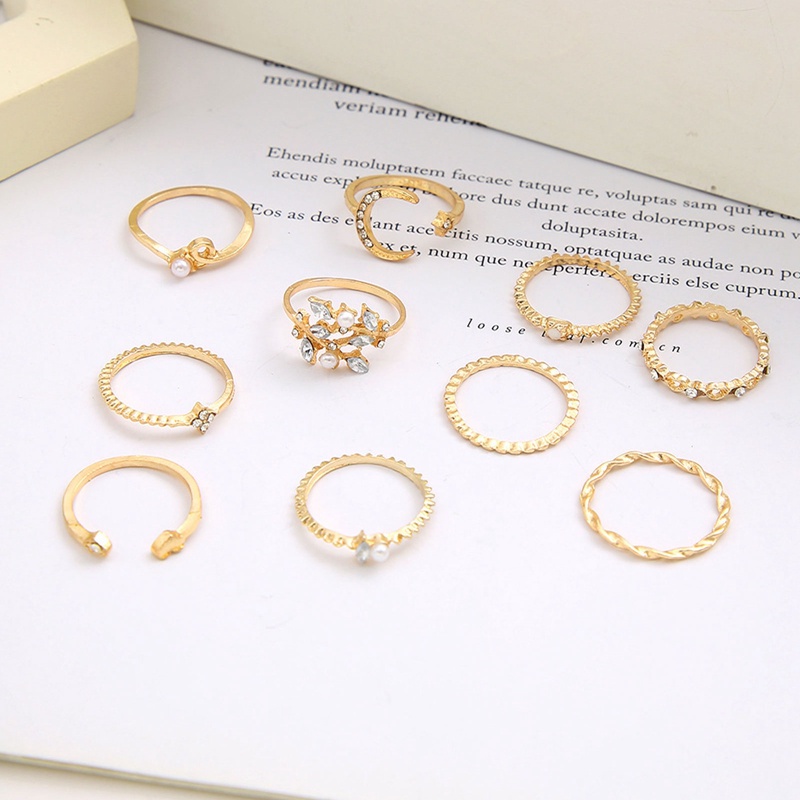 Set Cincin Model Terbuka Desain Bunga Bulan Bintang Hati Geometris Aksen Kristal Mutiara Untuk Wanita